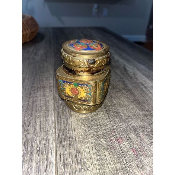 Antique Chinese Brass Tea Jar Caddy Enameled Relief Market Scent Jar - Picture 1 of 8